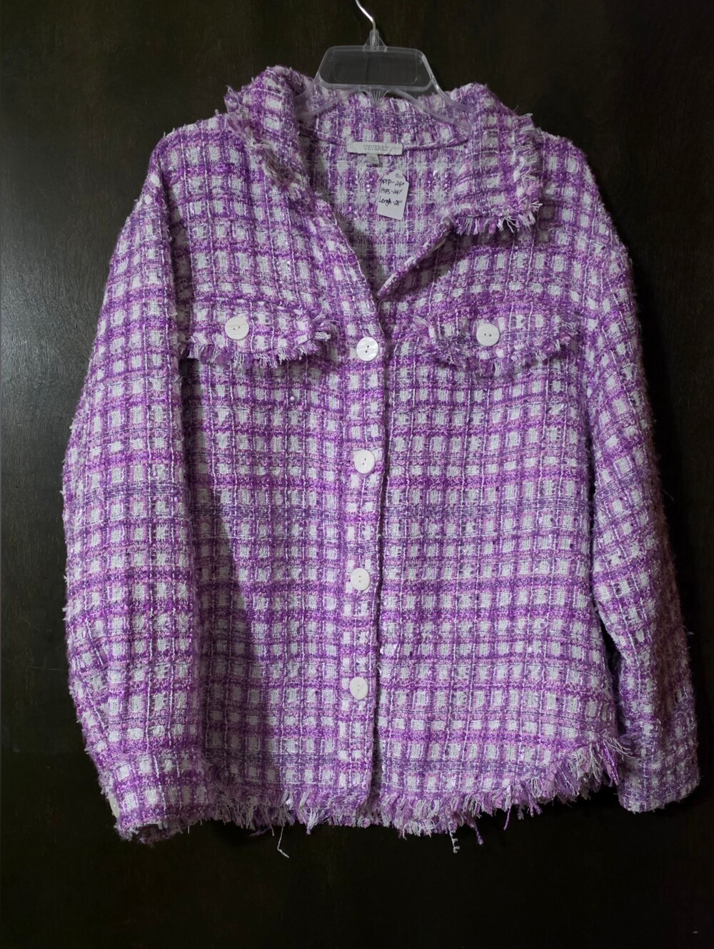 Veveret Textured Purple Plaid Jacket Blazer Fringe Button Up Women's Size L